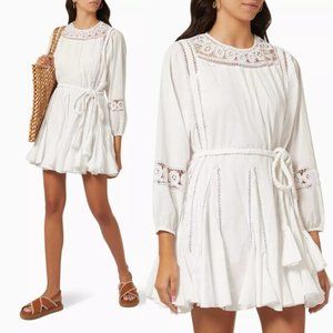 Rhode Ella Blouson Mini Dress Flared Embroidered Accent Braided Belt White